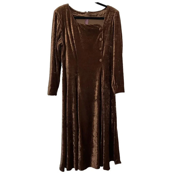 Vintage Dresses & Skirts - Vintage Handmade Brown  90s Crushed Velvet Long Sleeve Midi Maxi Dress